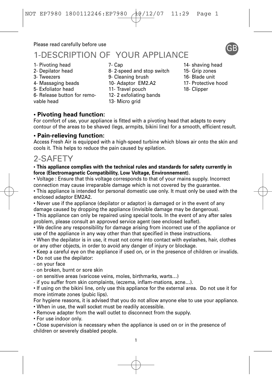 Description of your appliance, Safety | ROWENTA FRESH AIR EP7980 User Manual | Page 3 / 30