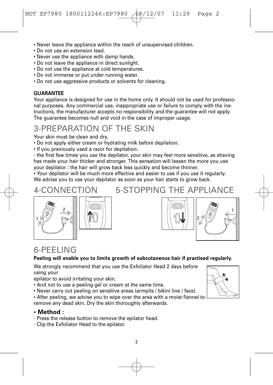 Preparation of the skin, Connection 5-stopping the appliance 6-peeling | ROWENTA FRESH AIR EP7980 User Manual | Page 4 / 30