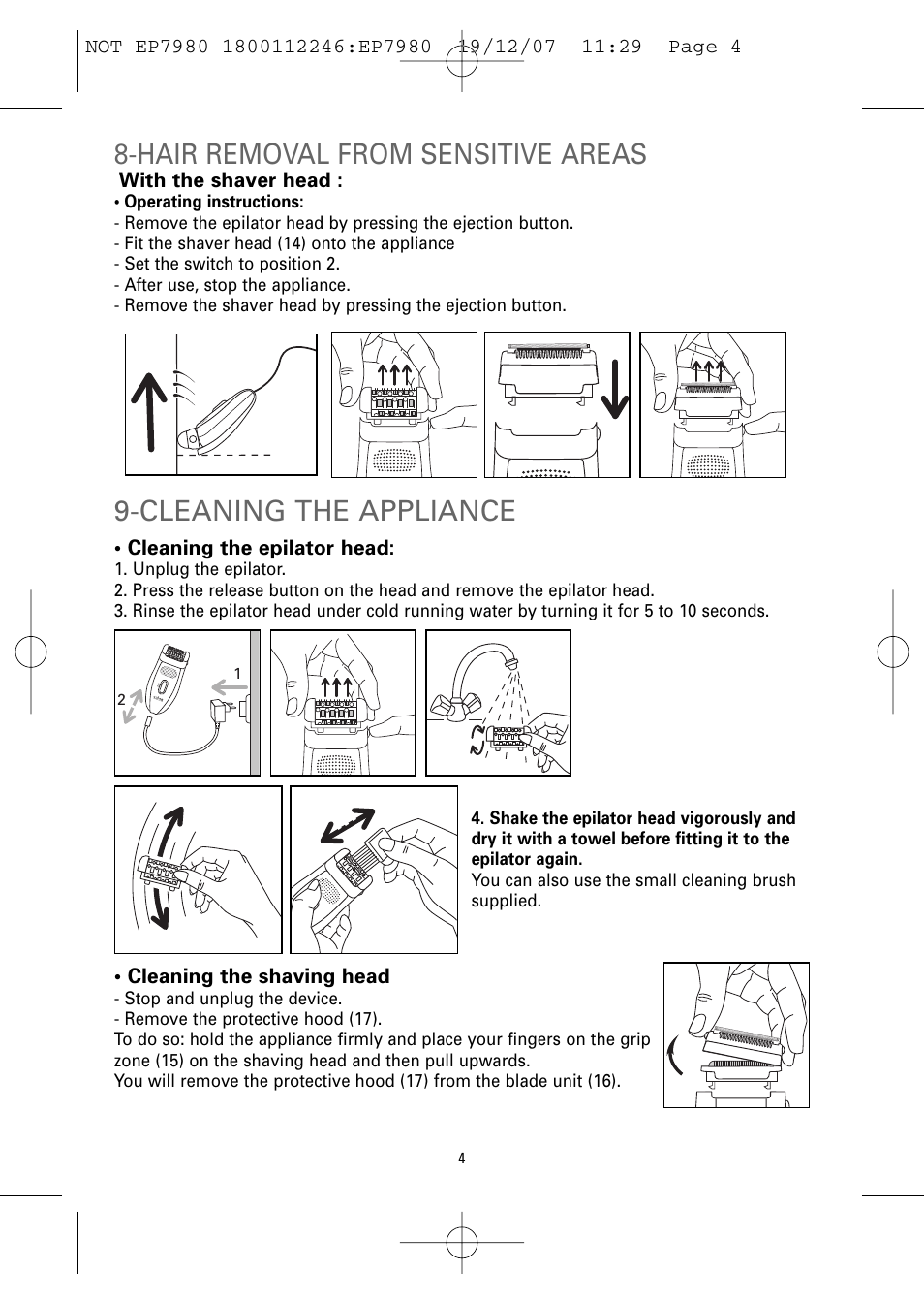 Cleaning the appliance, Hair removal from sensitive areas | ROWENTA FRESH AIR EP7980 User Manual | Page 6 / 30