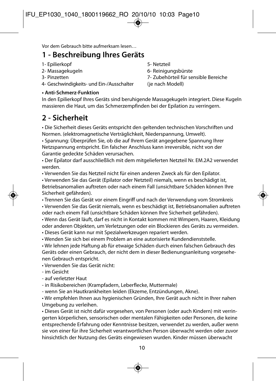 1 - beschreibung ihres geräts, 2 - sicherheit | ROWENTA FASHION EP1040 User Manual | Page 10 / 92