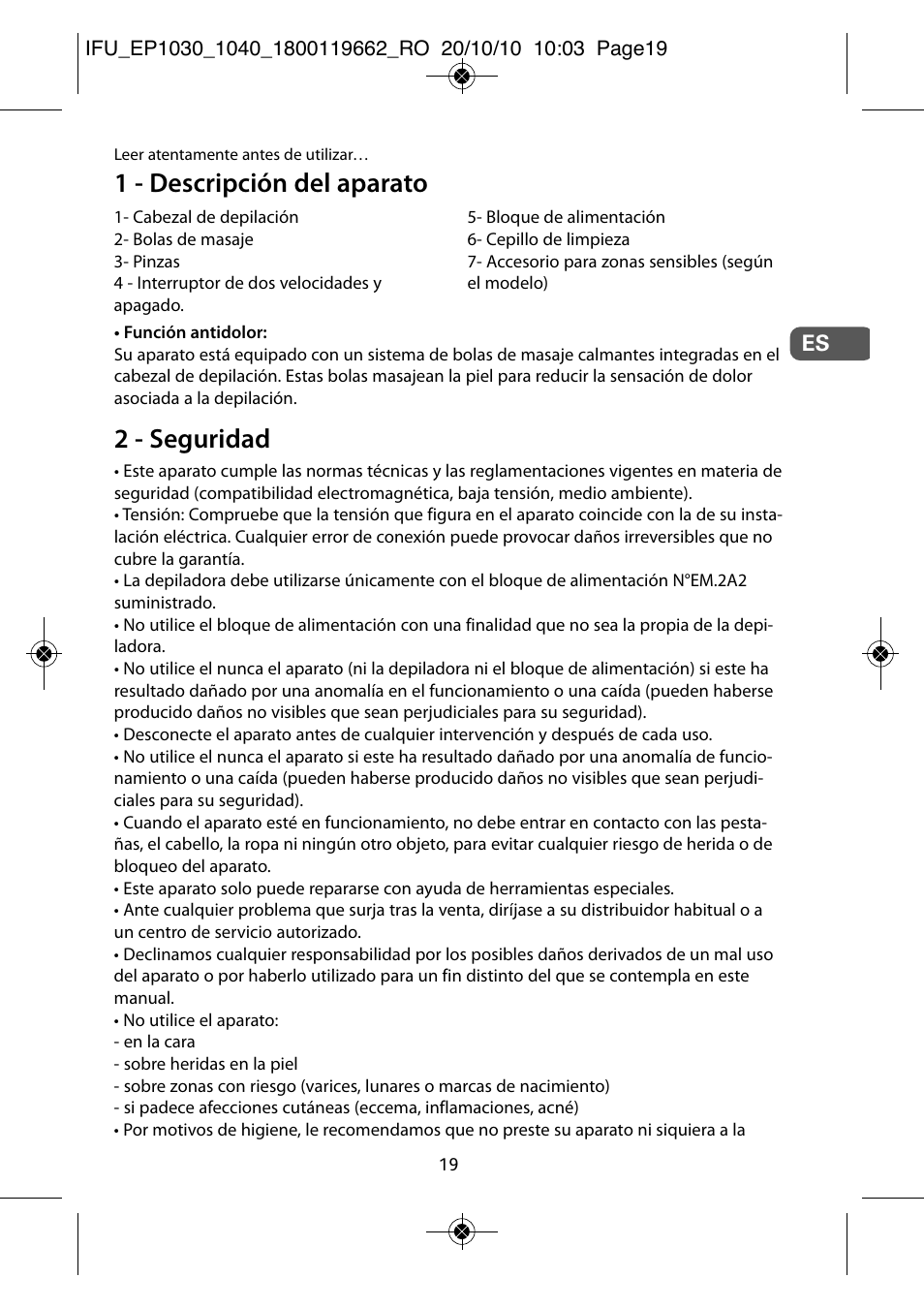 1 - descripción del aparato, 2 - seguridad | ROWENTA FASHION EP1040 User Manual | Page 19 / 92