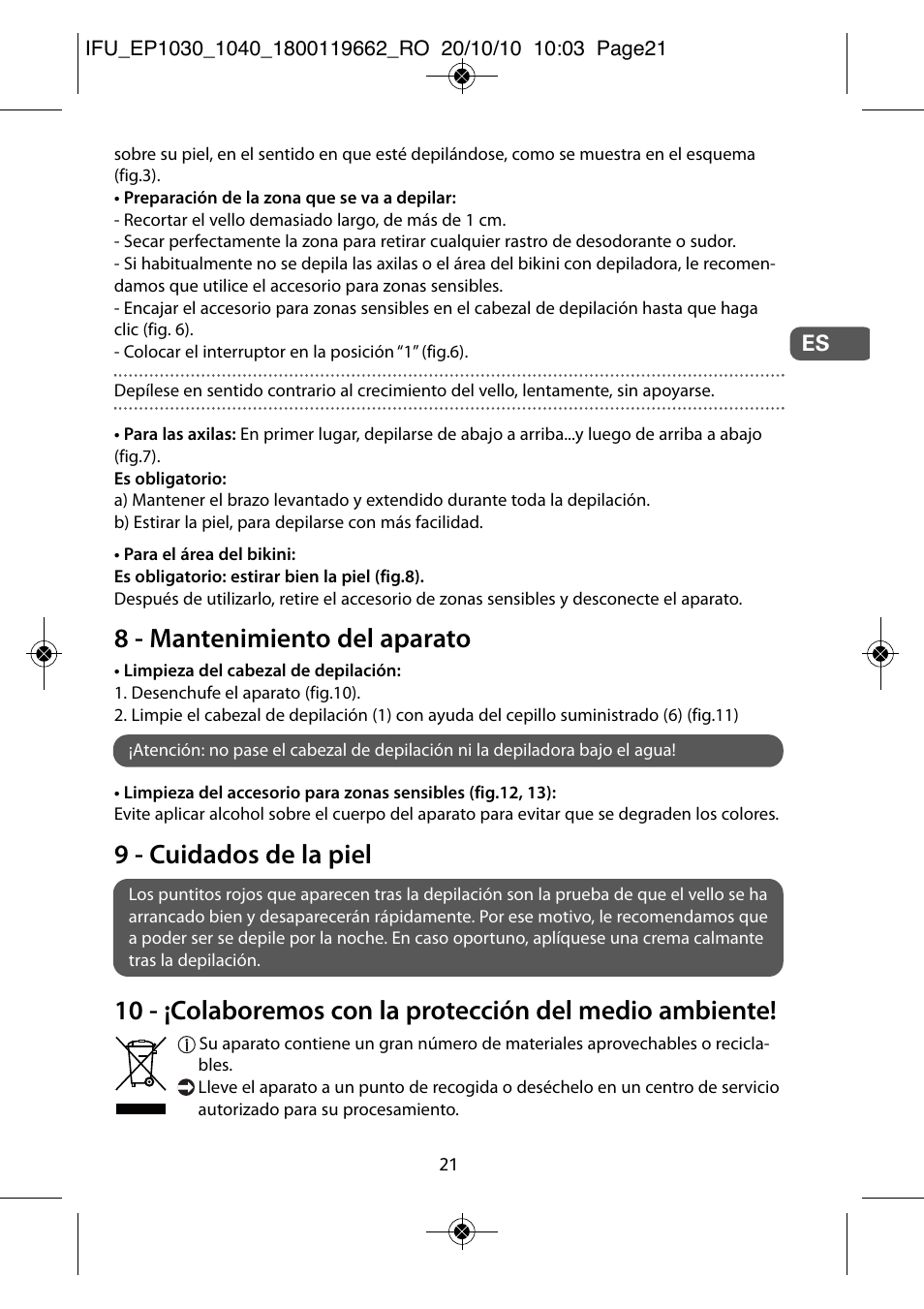 8 - mantenimiento del aparato, 9 - cuidados de la piel | ROWENTA FASHION EP1040 User Manual | Page 21 / 92