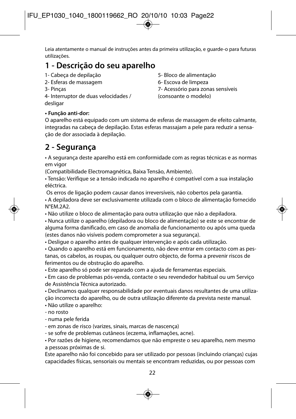 1 - descrição do seu aparelho, 2 - segurança | ROWENTA FASHION EP1040 User Manual | Page 22 / 92