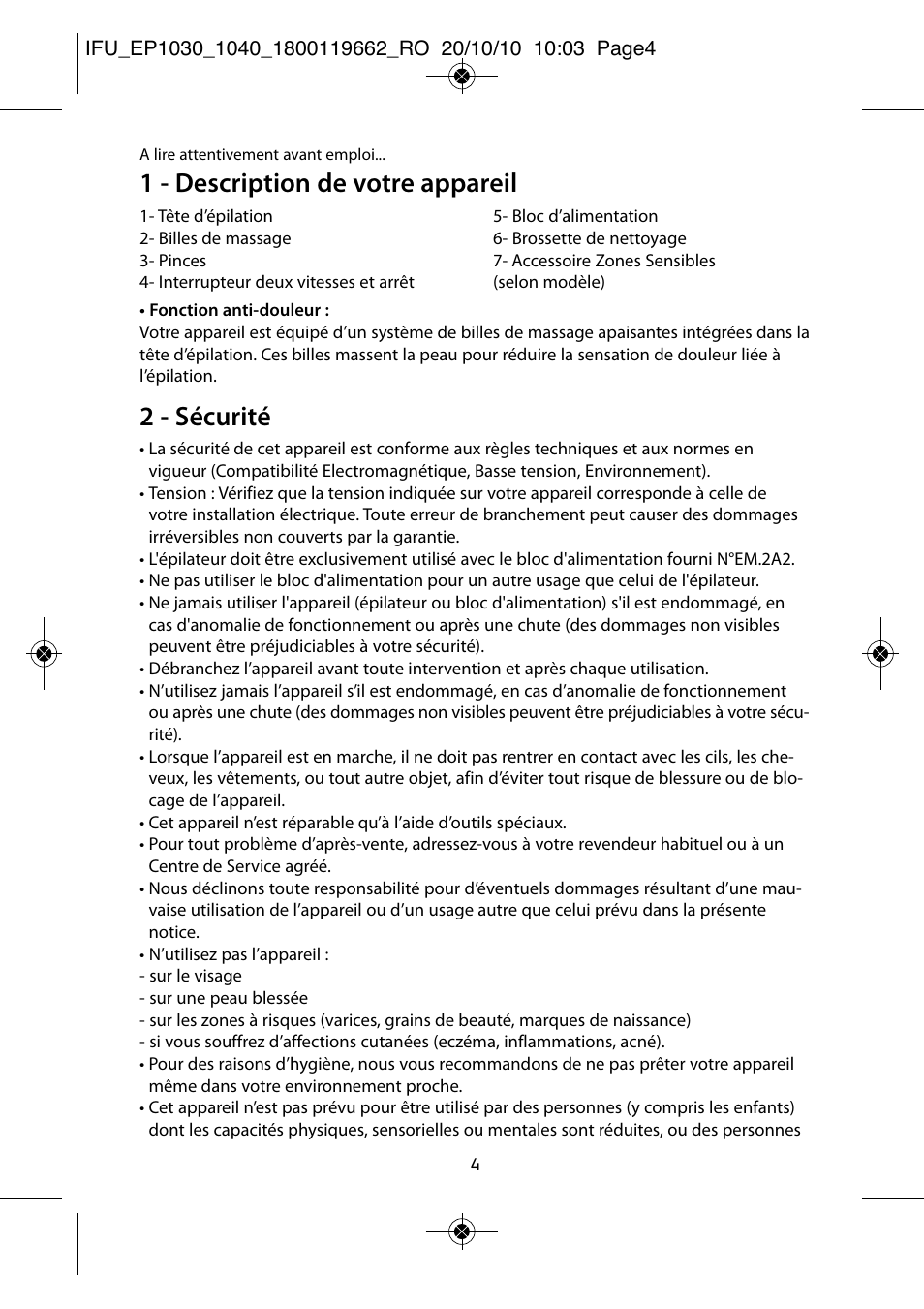 1 - description de votre appareil, 2 - sécurité | ROWENTA FASHION EP1040 User Manual | Page 4 / 92