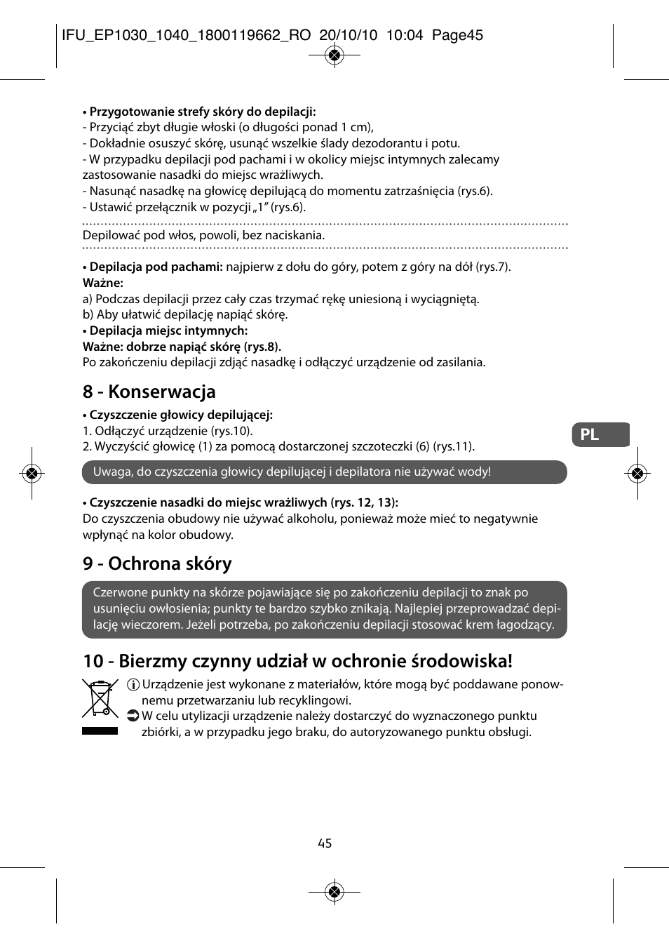 8 - konserwacja, 9 - ochrona skóry, 10 - bierzmy czynny udział w ochronie środowiska | ROWENTA FASHION EP1040 User Manual | Page 45 / 92