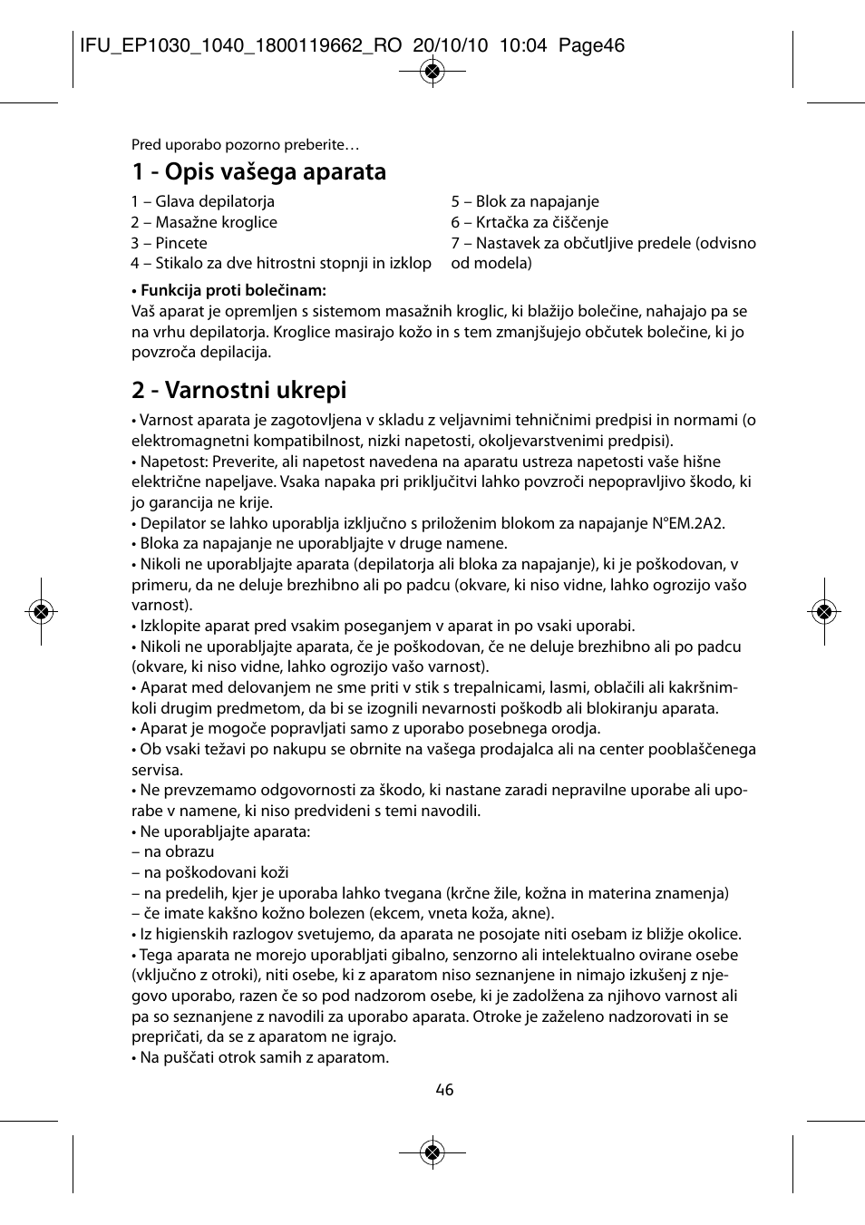 1 - opis vašega aparata, 2 - varnostni ukrepi | ROWENTA FASHION EP1040 User Manual | Page 46 / 92