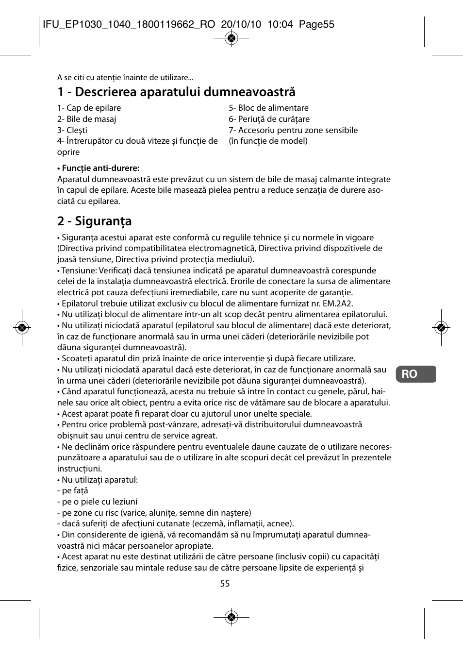 1 - descrierea aparatului dumneavoastră, 2 - siguranţa | ROWENTA FASHION EP1040 User Manual | Page 55 / 92