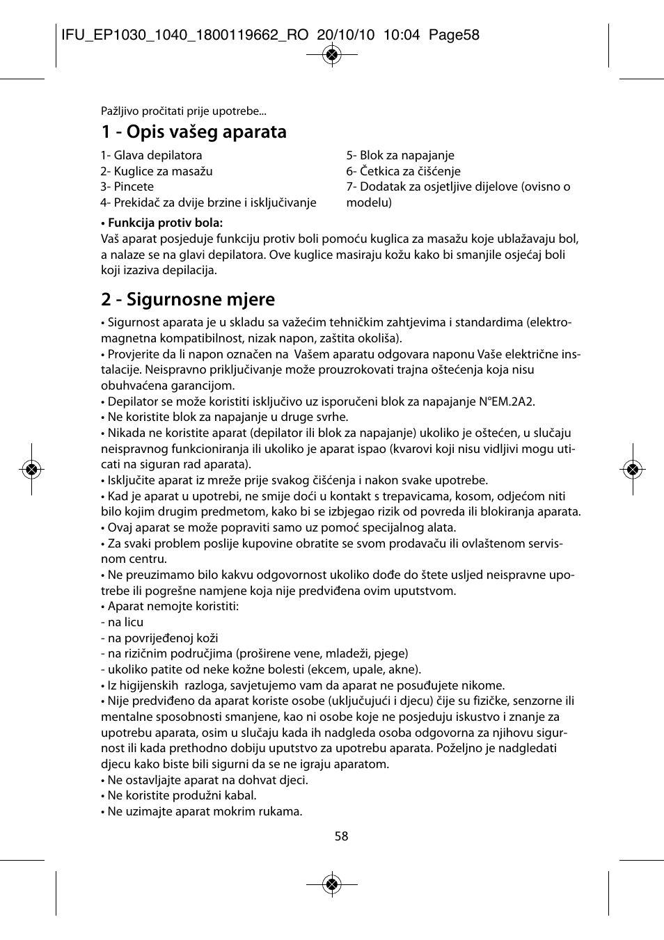 1 - opis vašeg aparata, 2 - sigurnosne mjere | ROWENTA FASHION EP1040 User Manual | Page 58 / 92