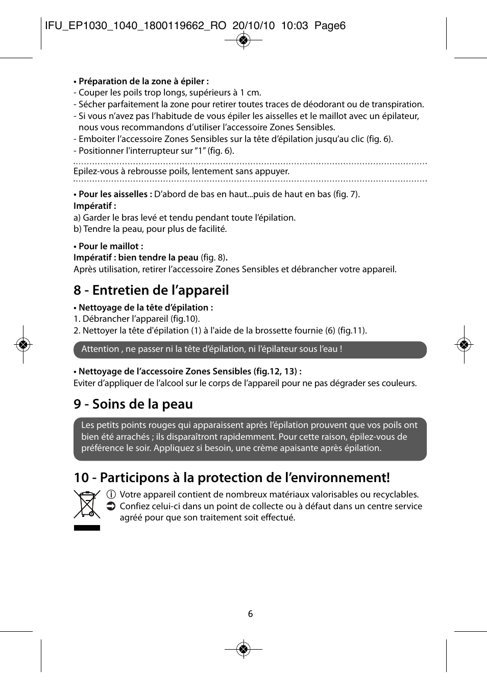 8 - entretien de l’appareil, 9 - soins de la peau | ROWENTA FASHION EP1040 User Manual | Page 6 / 92