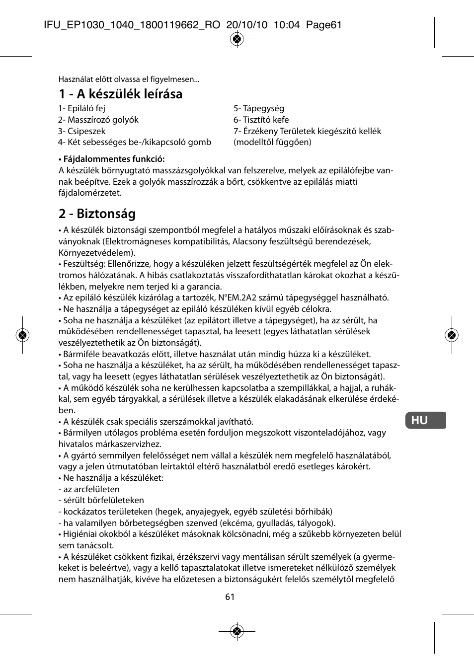 1 - a készülék leírása, 2 - biztonság | ROWENTA FASHION EP1040 User Manual | Page 61 / 92