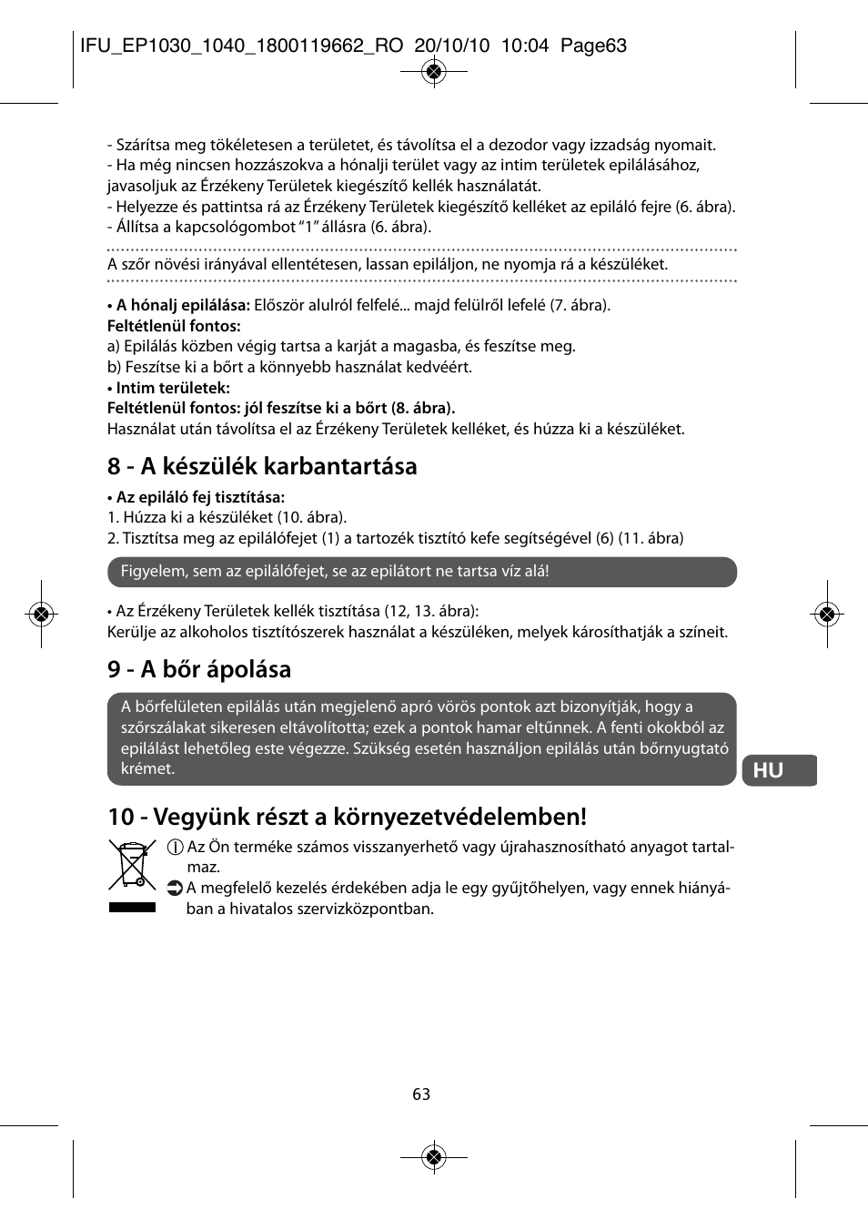 8 - a készülék karbantartása, 9 - a bőr ápolása, 10 - vegyünk részt a környezetvédelemben | ROWENTA FASHION EP1040 User Manual | Page 63 / 92