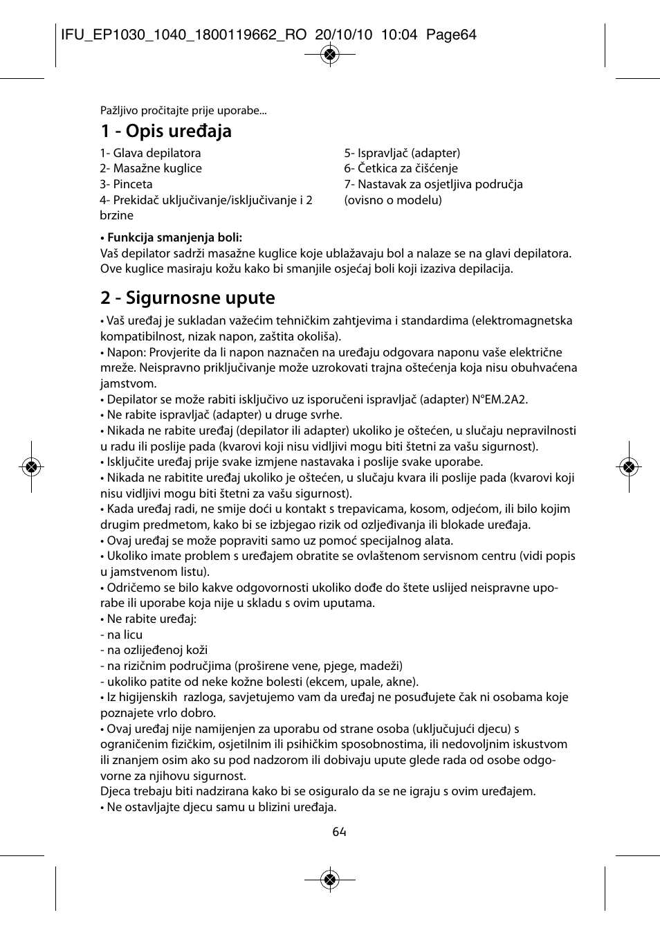 1 - opis uređaja, 2 - sigurnosne upute | ROWENTA FASHION EP1040 User Manual | Page 64 / 92