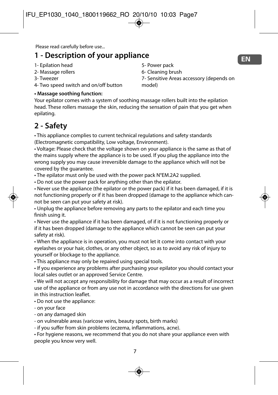 1 - description of your appliance, 2 - safety | ROWENTA FASHION EP1040 User Manual | Page 7 / 92