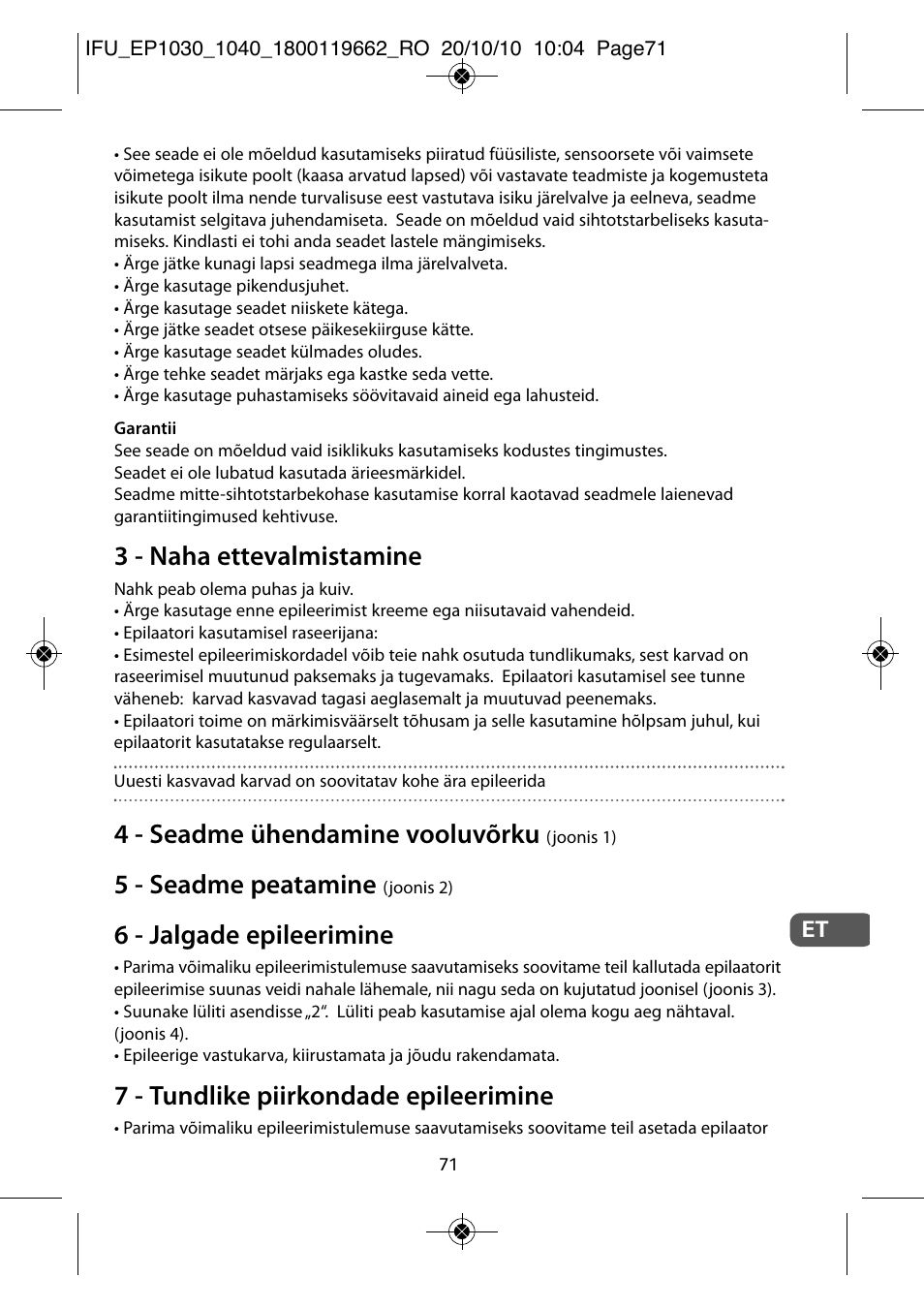 3 - naha ettevalmistamine, 4 - seadme ühendamine vooluvõrku, 5 - seadme peatamine | 6 - jalgade epileerimine, 7 - tundlike piirkondade epileerimine | ROWENTA FASHION EP1040 User Manual | Page 71 / 92