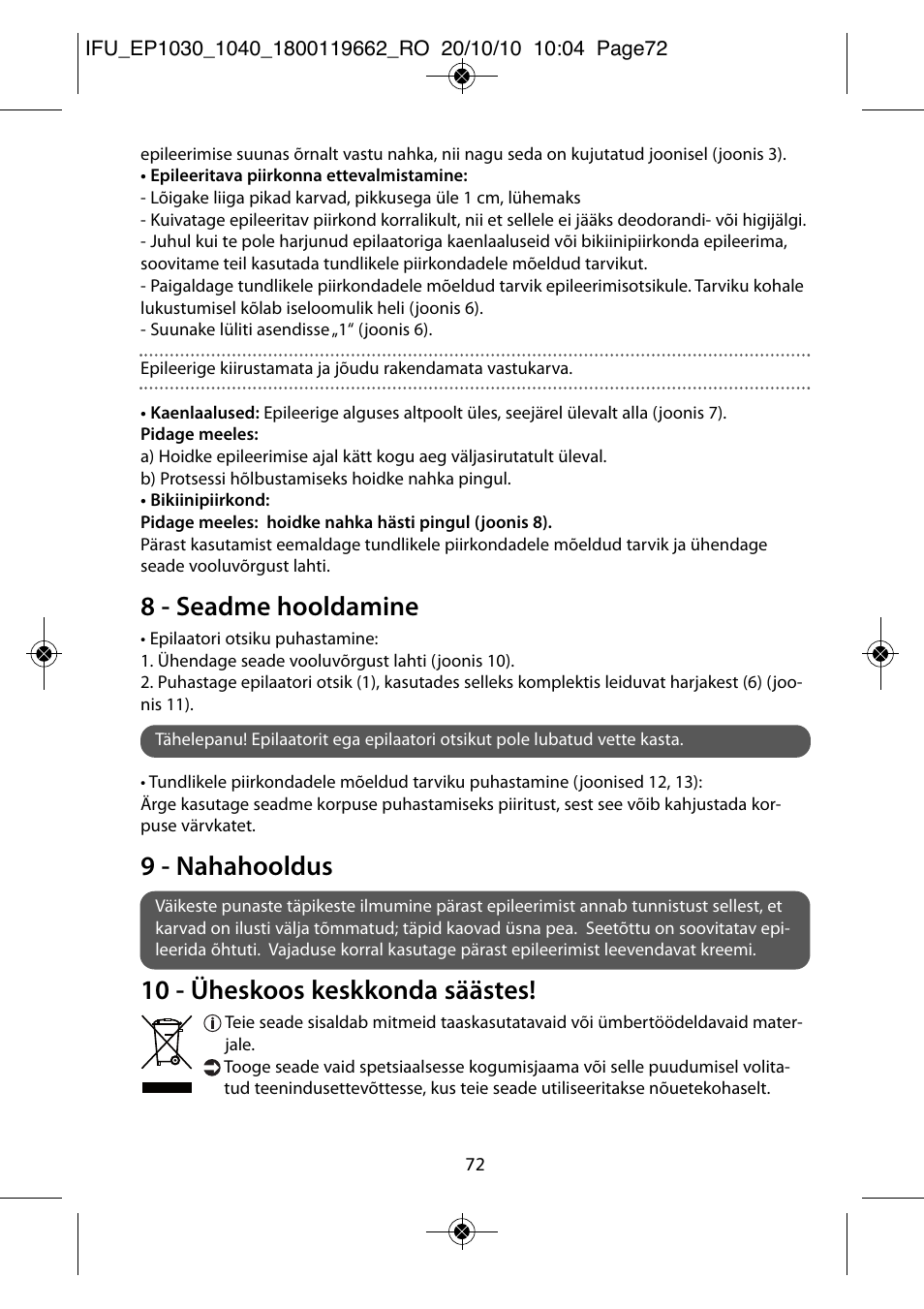 8 - seadme hooldamine, 9 - nahahooldus, 10 - üheskoos keskkonda säästes | ROWENTA FASHION EP1040 User Manual | Page 72 / 92