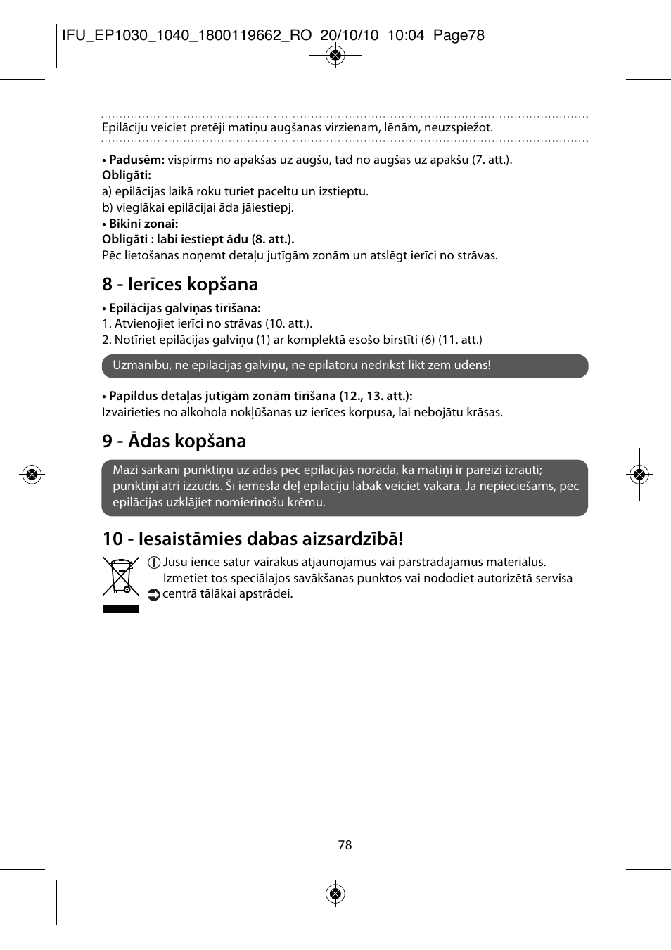 8 - ierīces kopšana, 9 - ādas kopšana, 10 - iesaistāmies dabas aizsardzībā | ROWENTA FASHION EP1040 User Manual | Page 78 / 92