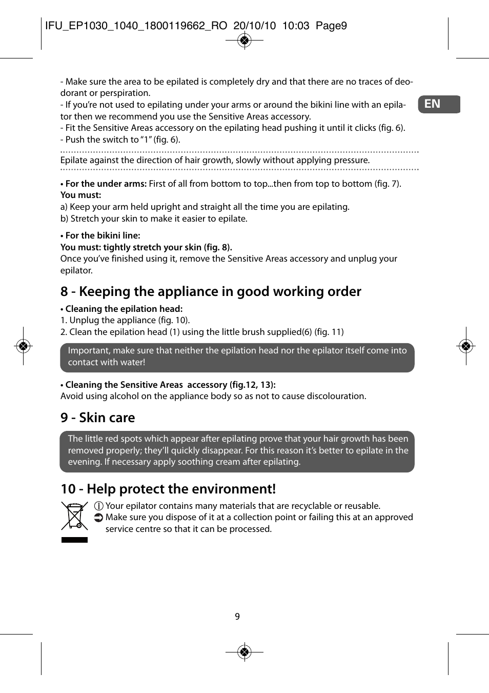 8 - keeping the appliance in good working order, 9 - skin care, 10 - help protect the environment | ROWENTA FASHION EP1040 User Manual | Page 9 / 92
