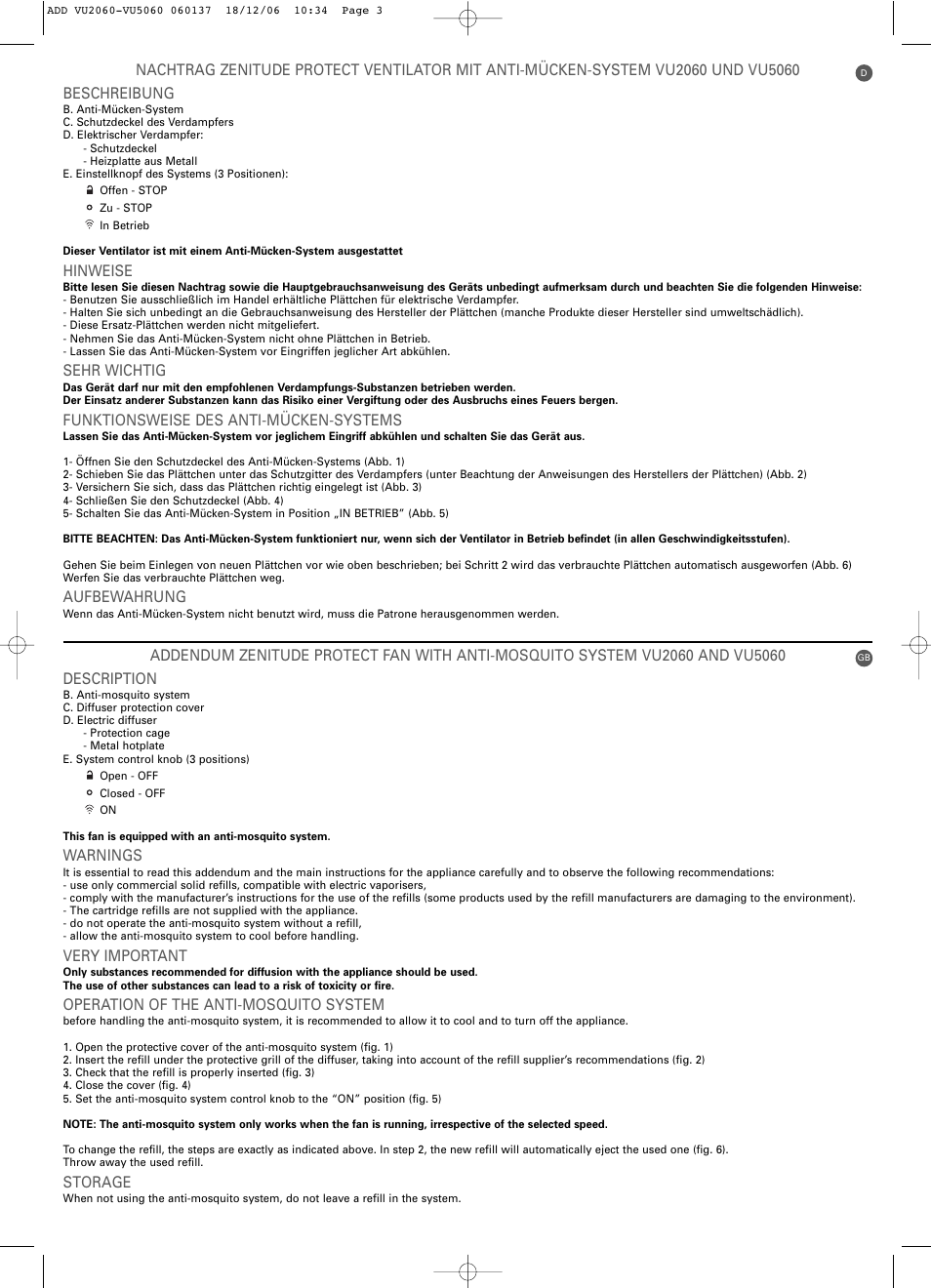Hinweise, Sehr wichtig, Funktionsweise des anti-mücken-systems | Aufbewahrung, Warnings, Very important, Operation of the anti-mosquito system, Storage | ROWENTA ZENITUDE DESK VU5060 User Manual | Page 3 / 8