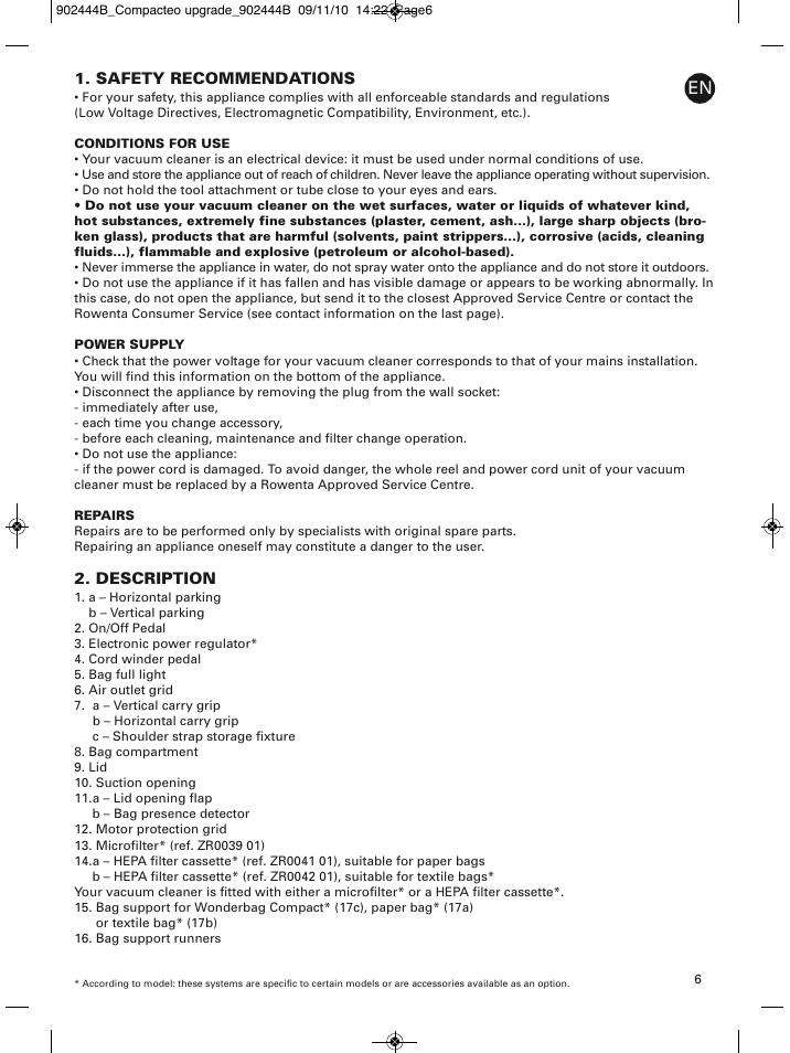 Safety recommendations, Description | ROWENTA COMPACTEO RO1721 User Manual | Page 10 / 111