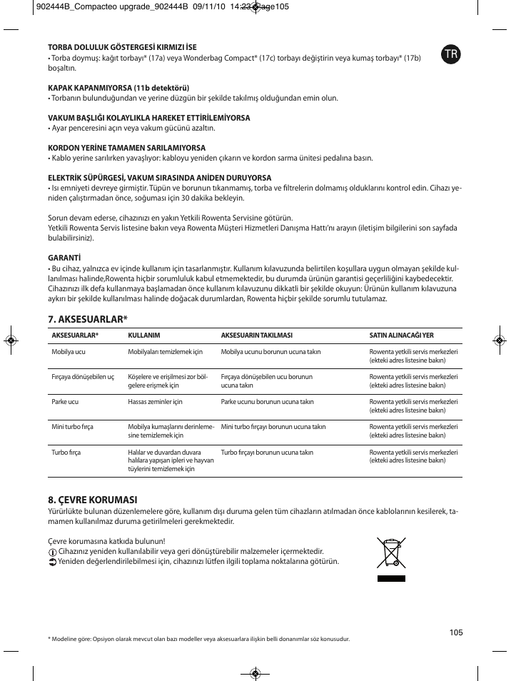 Aksesuarlar* 8. çevre korumasi | ROWENTA COMPACTEO RO1721 User Manual | Page 109 / 111