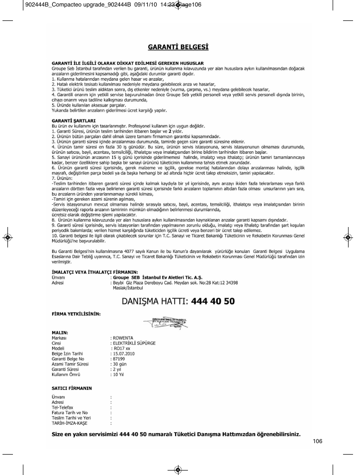 ROWENTA COMPACTEO RO1721 User Manual | Page 110 / 111
