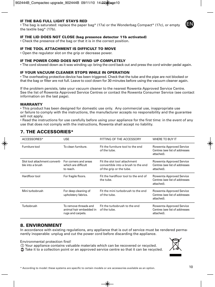 Environment, The accessories | ROWENTA COMPACTEO RO1721 User Manual | Page 14 / 111