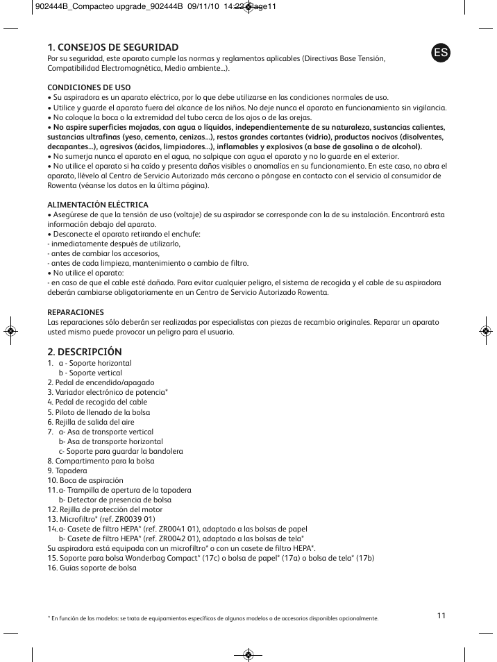 Consejos de seguridad, Descripción | ROWENTA COMPACTEO RO1721 User Manual | Page 15 / 111