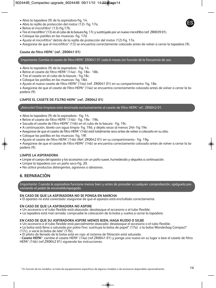 Reparación | ROWENTA COMPACTEO RO1721 User Manual | Page 18 / 111