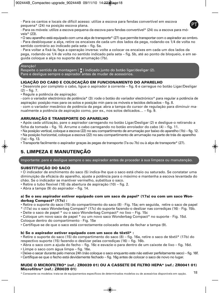 Limpeza e manutenção | ROWENTA COMPACTEO RO1721 User Manual | Page 22 / 111