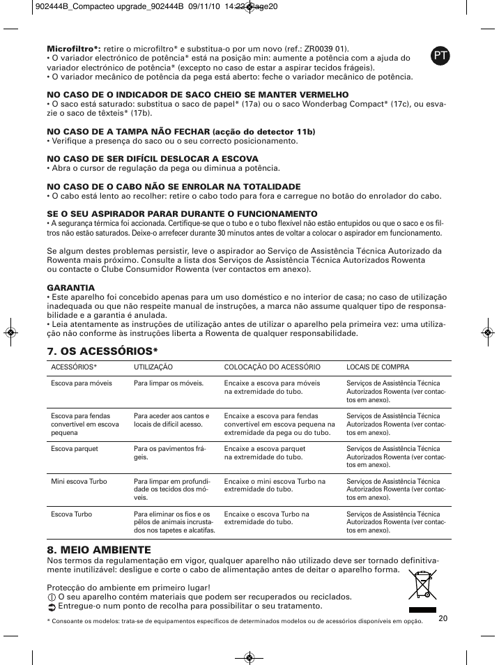 Meio ambiente, Os acessórios | ROWENTA COMPACTEO RO1721 User Manual | Page 24 / 111