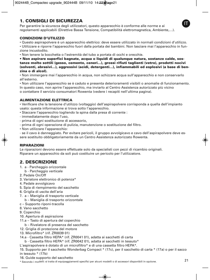 Consigli di sicurezza, Descrizione | ROWENTA COMPACTEO RO1721 User Manual | Page 25 / 111