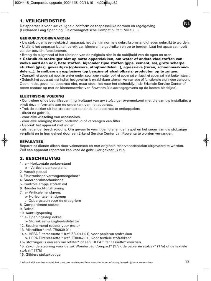 Veiligheidstips, Beschrijving | ROWENTA COMPACTEO RO1721 User Manual | Page 36 / 111