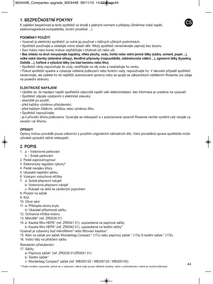 Bezpečnostní pokyny, Popis | ROWENTA COMPACTEO RO1721 User Manual | Page 48 / 111