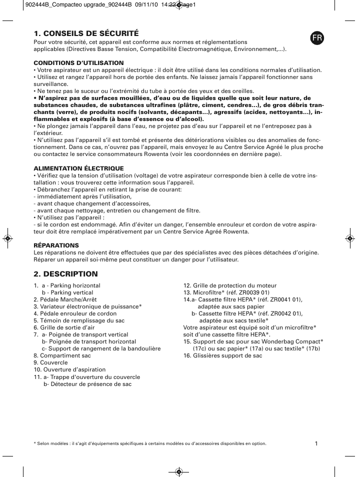 Conseils de sécurité, Description | ROWENTA COMPACTEO RO1721 User Manual | Page 5 / 111