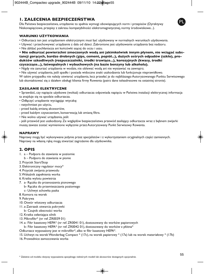 Zalecenia bezpieczeństwa, Opis | ROWENTA COMPACTEO RO1721 User Manual | Page 59 / 111
