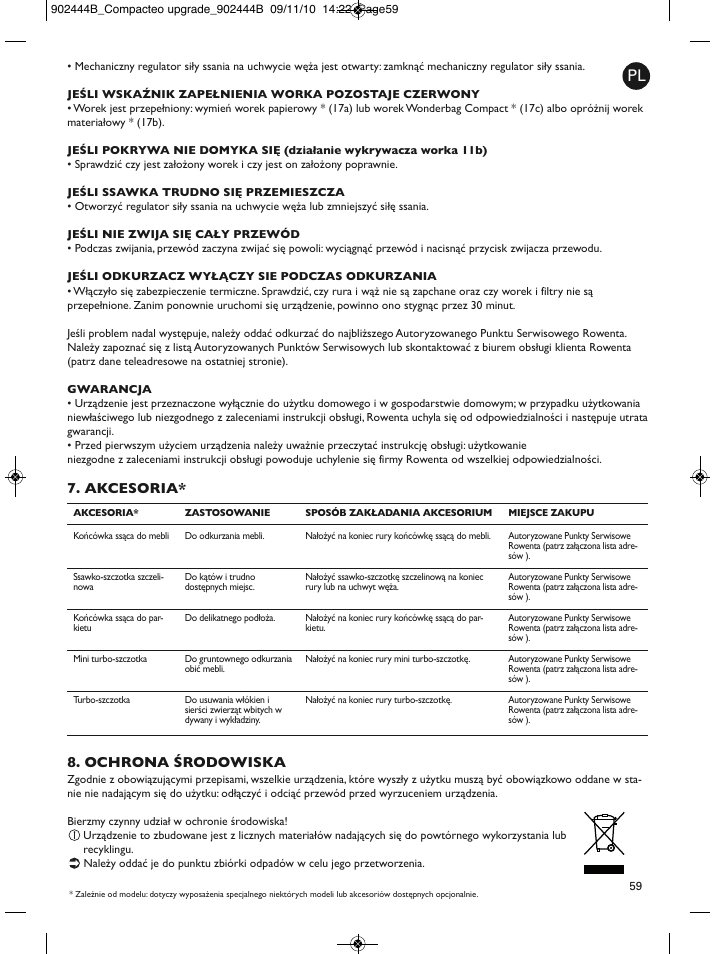 Akcesoria* 8. ochrona środowiska | ROWENTA COMPACTEO RO1721 User Manual | Page 63 / 111