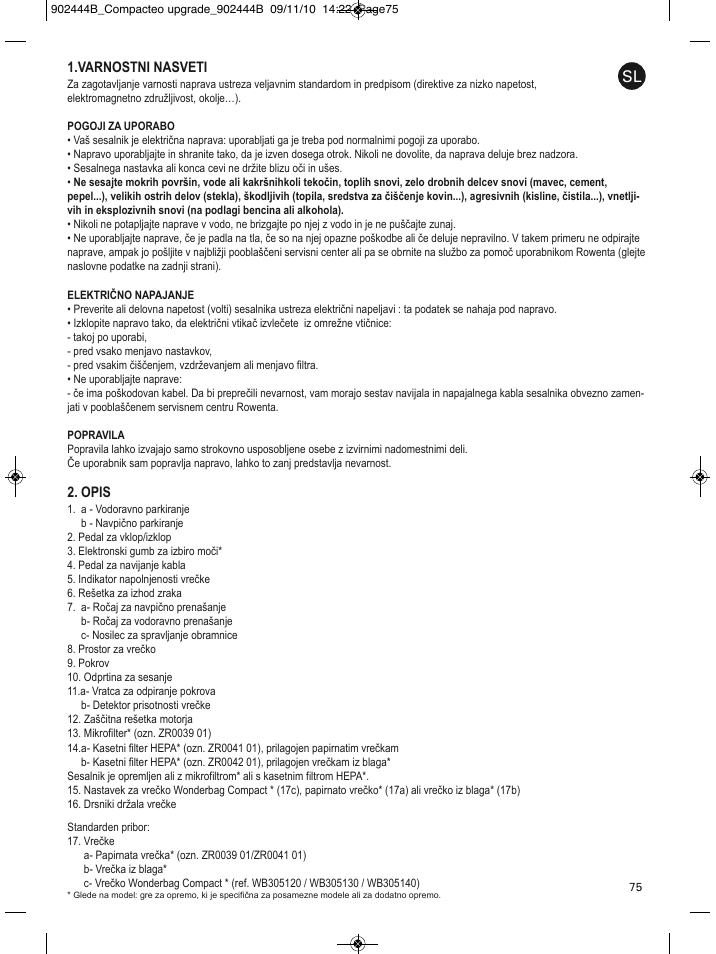 Varnostni nasveti, Opis | ROWENTA COMPACTEO RO1721 User Manual | Page 79 / 111