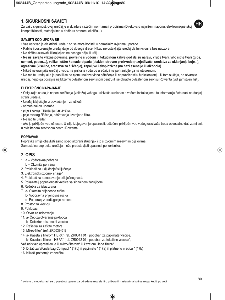 Sigurnosni savjeti, Opis | ROWENTA COMPACTEO RO1721 User Manual | Page 84 / 111