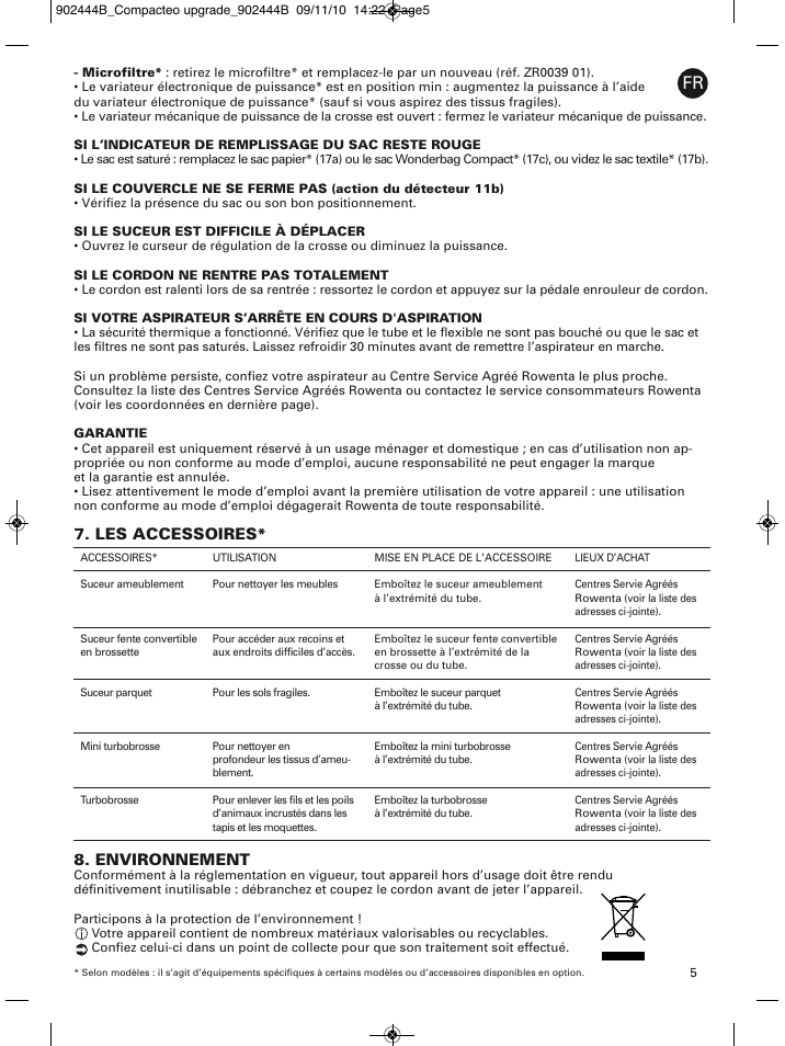 Environnement, Les accessoires | ROWENTA COMPACTEO RO1721 User Manual | Page 9 / 111