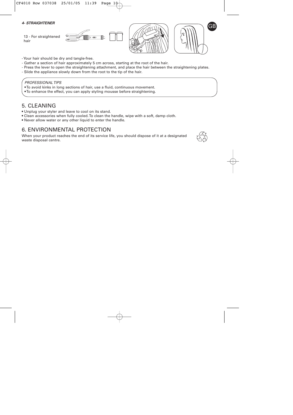 Cleaning, Environmental protection | ROWENTA CURLING TONGS IMAGIN' STYLE 8 CF4010 User Manual | Page 10 / 68