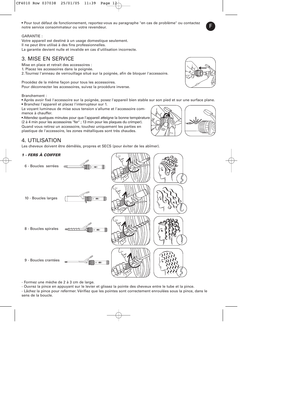 Mise en service, Utilisation | ROWENTA CURLING TONGS IMAGIN' STYLE 8 CF4010 User Manual | Page 12 / 68