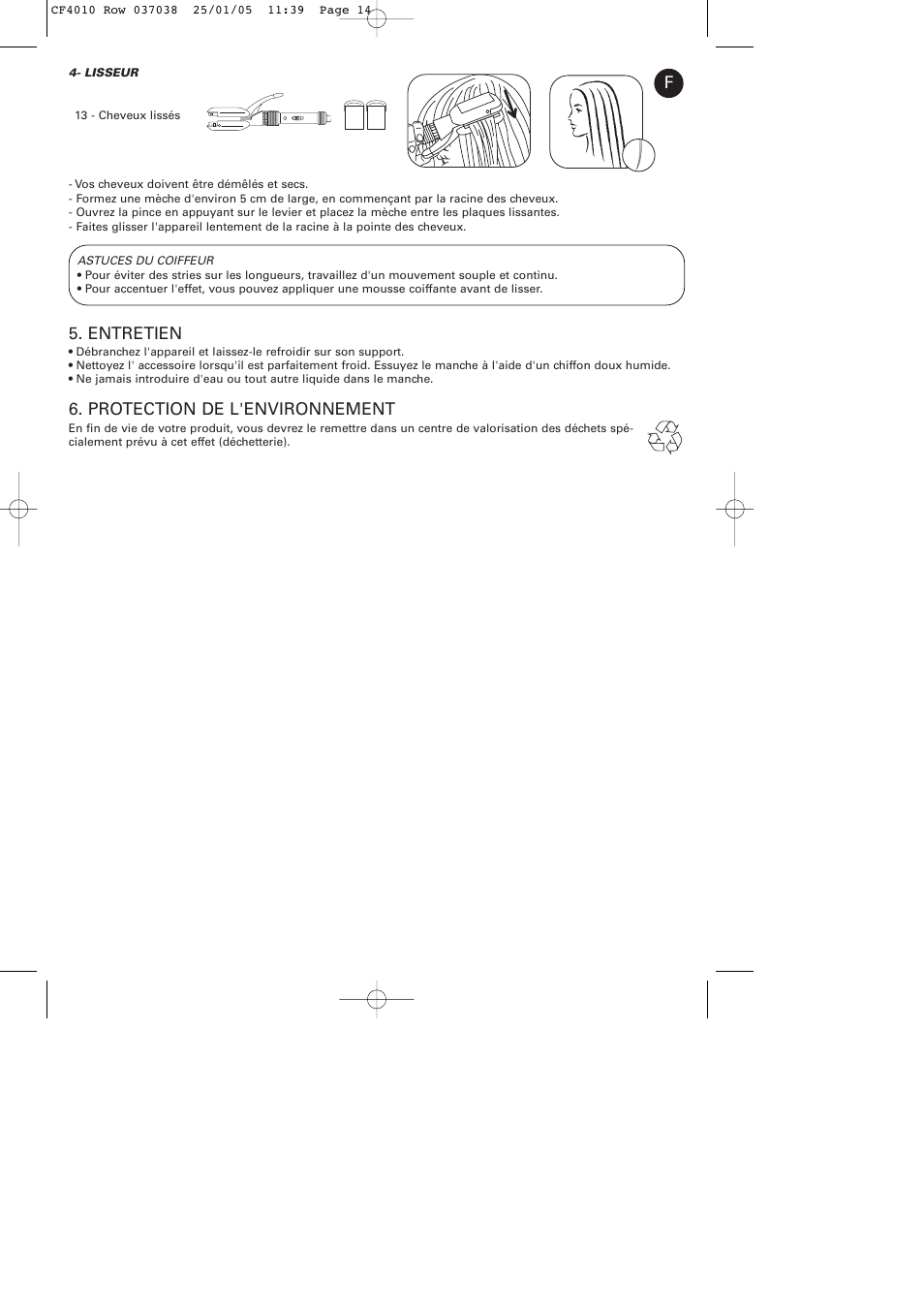 Entretien, Protection de l'environnement | ROWENTA CURLING TONGS IMAGIN' STYLE 8 CF4010 User Manual | Page 14 / 68