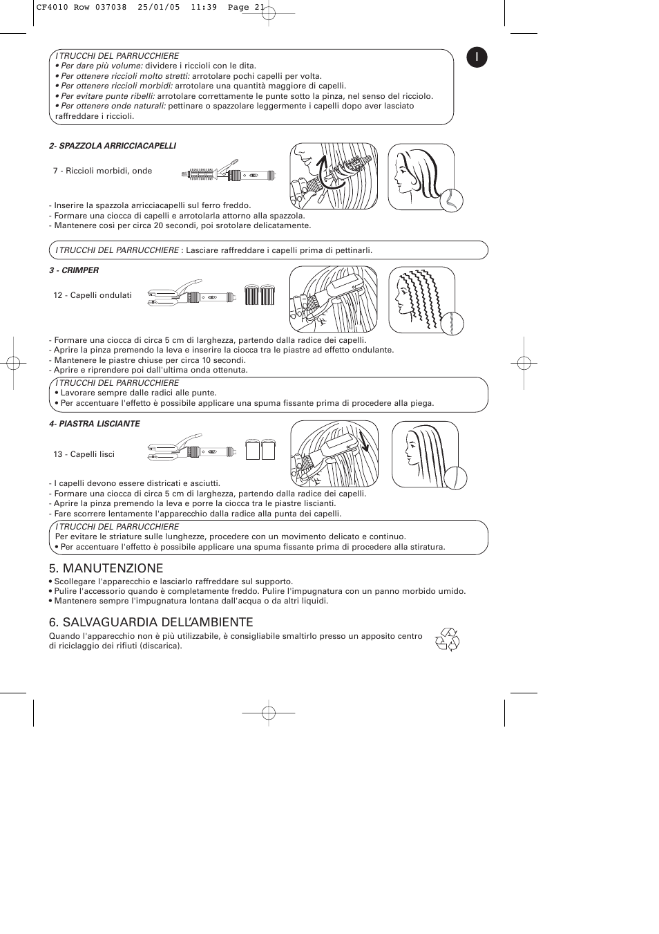 Manutenzione, Salvaguardia dell’ambiente | ROWENTA CURLING TONGS IMAGIN' STYLE 8 CF4010 User Manual | Page 21 / 68