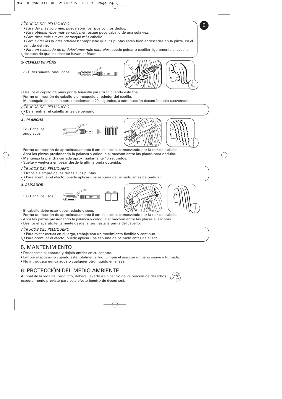 Mantenimiento, Protección del medio ambiente | ROWENTA CURLING TONGS IMAGIN' STYLE 8 CF4010 User Manual | Page 24 / 68