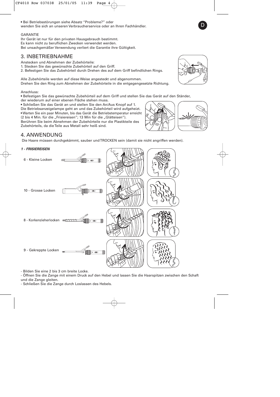 Inbetriebnahme, Anwendung | ROWENTA CURLING TONGS IMAGIN' STYLE 8 CF4010 User Manual | Page 4 / 68