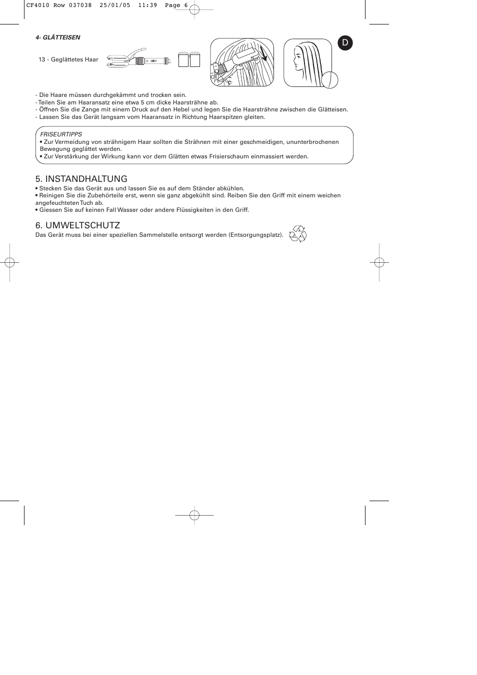 Instandhaltung, Umweltschutz | ROWENTA CURLING TONGS IMAGIN' STYLE 8 CF4010 User Manual | Page 6 / 68