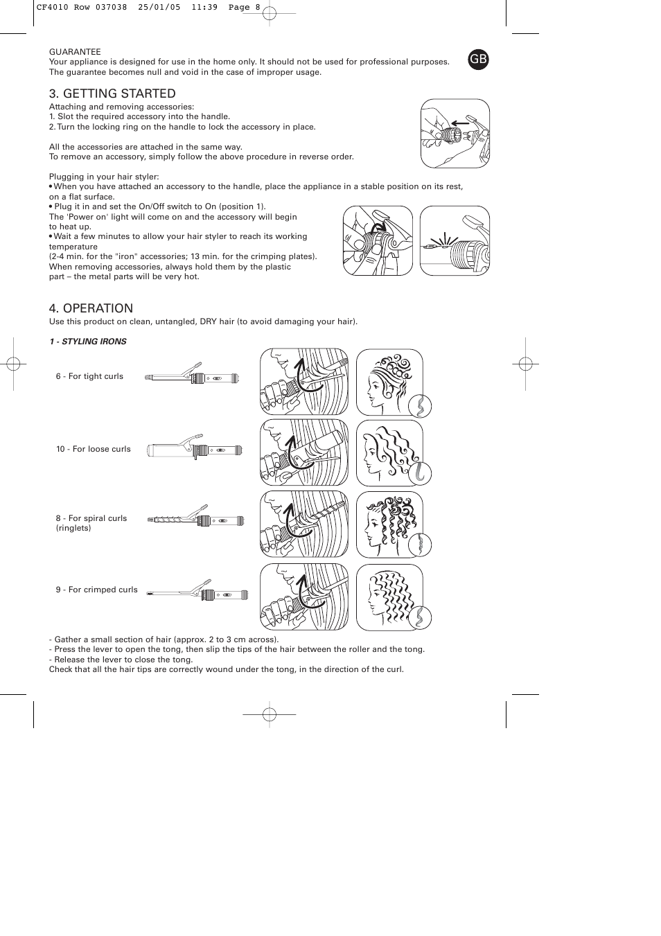 Getting started, Operation | ROWENTA CURLING TONGS IMAGIN' STYLE 8 CF4010 User Manual | Page 8 / 68