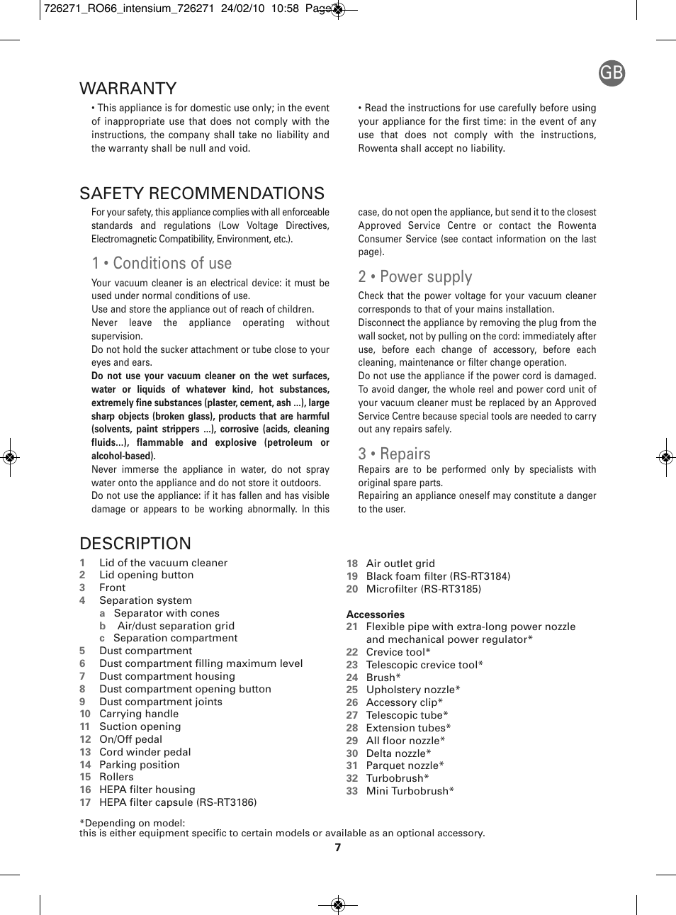1 • conditions of use, 2 • power supply, 3 • repairs | Description, Safety recommendations, Warranty | ROWENTA INTENSIUM RO6679 User Manual | Page 13 / 84