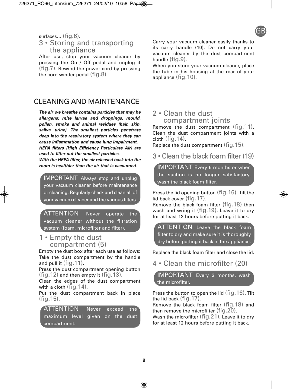 2 • clean the dust compartment joints, 3 • clean the black foam filter (19), 4 • clean the microfilter (20) | 3 • storing and transporting the appliance, Cleaning and maintenance, 1 • empty the dust compartment (5) | ROWENTA INTENSIUM RO6679 User Manual | Page 15 / 84