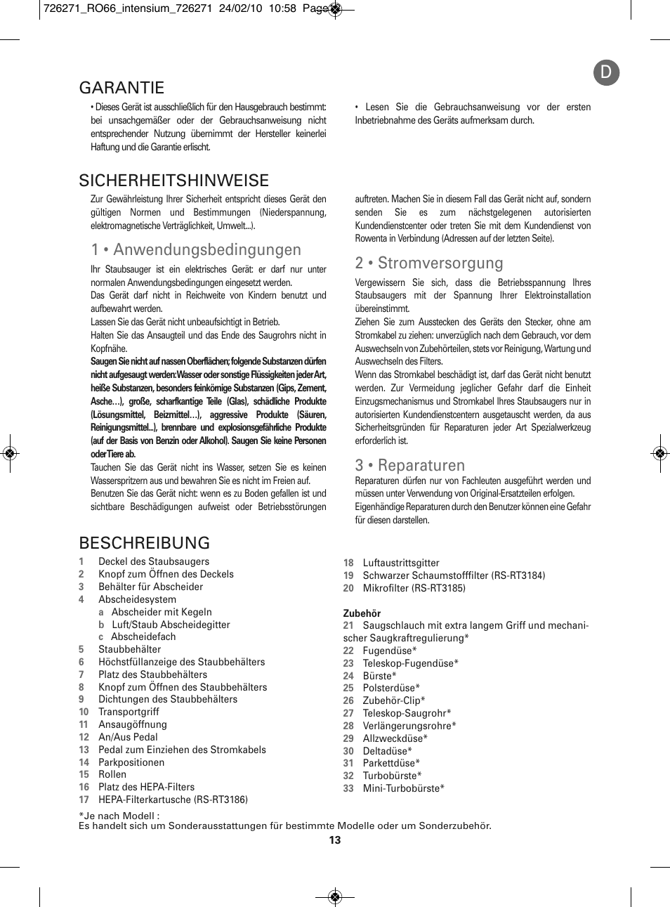 1 • anwendungsbedingungen, 2 • stromversorgung, 3 • reparaturen | Beschreibung, Sicherheitshinweise, Garantie | ROWENTA INTENSIUM RO6679 User Manual | Page 19 / 84